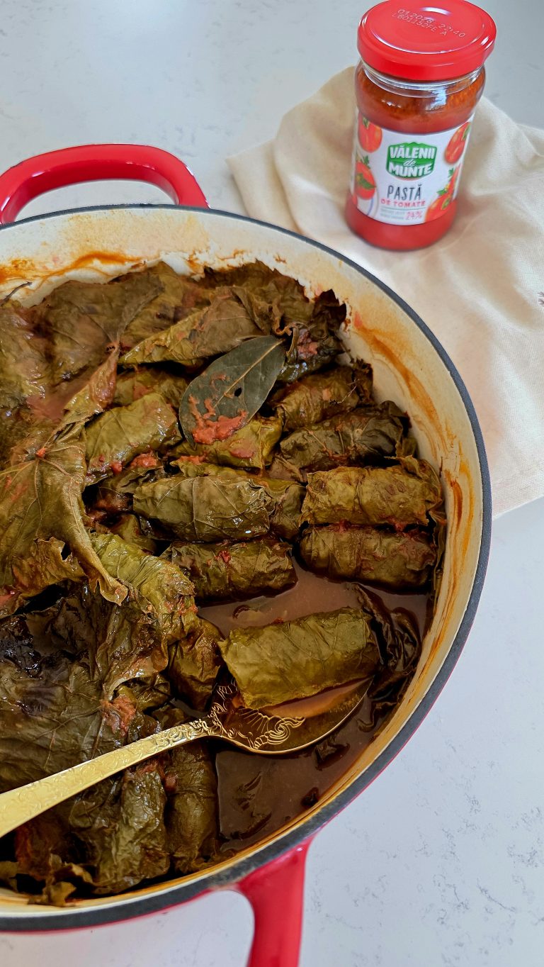 Sarmale în foi de viță cu carne de vită și sos de roșii
